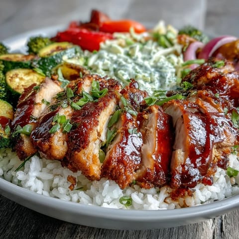 Gluten-free BBQ Chicken Bowl featuring tender chicken drizzled with sauce, served over steamed rice with crunchy veggies and creamy slaw.