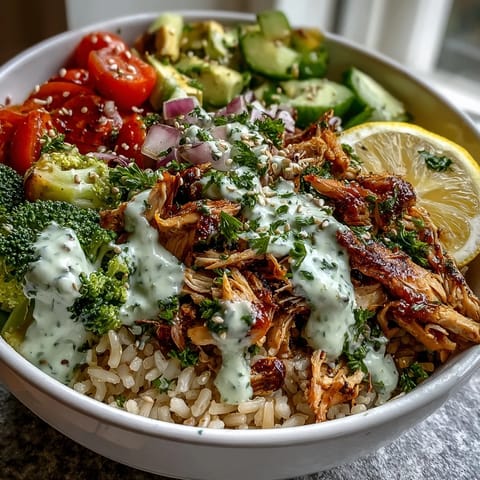 Ein gesunder Rotisserie Chicken Bowl mit Avocado, Brokkoli und gerösteten Sesamsamen.