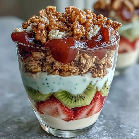 Glass jar layered with Guava-Flavored Yogurt Parfait: Greek yogurt, guava preserves, fresh fruit, and crunchy granola for breakfast.