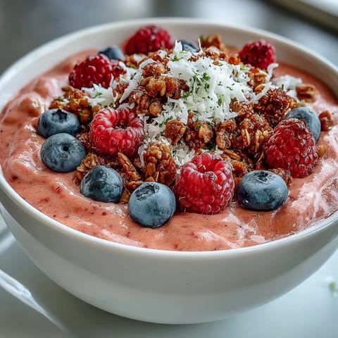 Eine farbenfrohe Guava and Mango Smoothie Bowl mit Kokosflocken, Chiasamen und frischen Beeren auf weisser Schale.