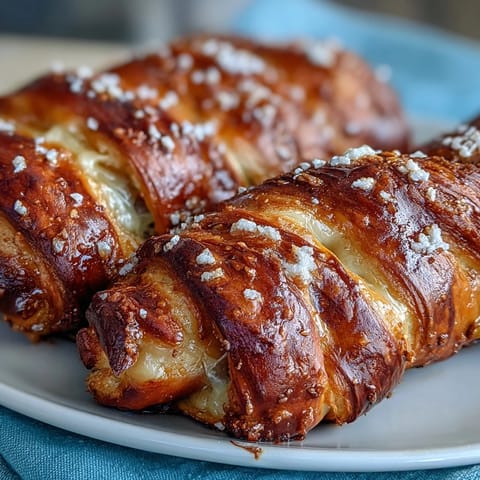 Weiche, gebackene Käse-Pretzel-Hunde mit goldener Kruste und geschmolzenem Cheddar. Serviert mit Senf für den perfekten Party-Snack.