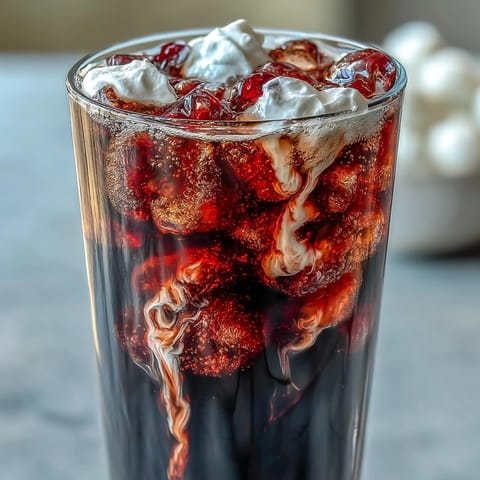 A Midnight Malibu Dirty Soda is topped with creamy coconut and blackberry swirl.