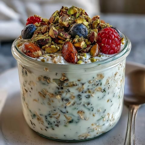 Creamy pistachio overnight oats topped with fresh berries and chopped nuts in a jar.