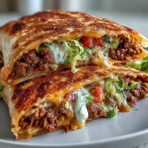 Saftige Keto Crunchwraps auf einem rustikalen Brett, gefüllt mit cremiger Käsesauce und knackigem Salat.