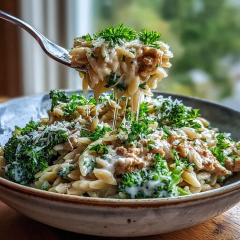 Creamy Garlic Turkey & Broccoli Orzo served with a glass of white wine and a crisp side salad.