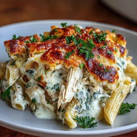 Dieses goldbraune Greek Yogurt Chicken Alfredo Bake aus dem Ofen dampft frisch und zeigt eine cremige Sauce mit Hähnchen und Nudeln.