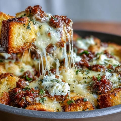 Frisch aus dem Backofen: dampfender Cheesy Garlic Bread Lasagna Skillet mit Kräutersprenkeln und saftiger Fleischsauce.