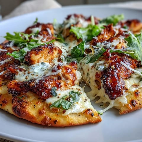 Goldbraun gebackene Garlic Naan Chicken Caesar Pizzas mit saftigem Hähnchen und cremigem Mozzarella