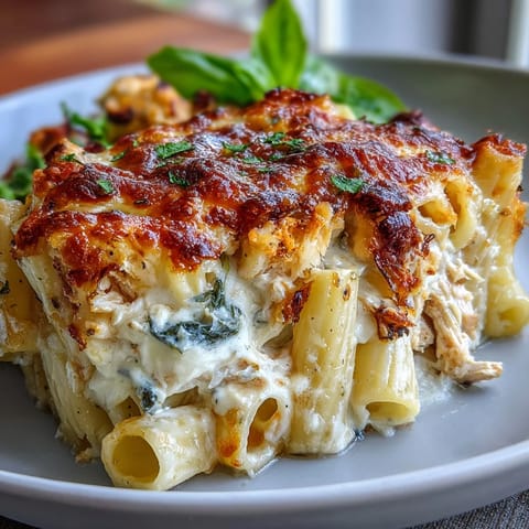 Cremiges Greek Yogurt Chicken Alfredo Bake mit Spinat und Sonnenblumentomaten auf einem rustikalen Holztisch gerichtet.