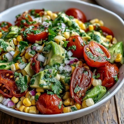 Sommerlicher Fresh Corn and Tomato Salad mit cremiger Avocado, saftigen Tomaten und einer frischen Limetten-Dressing, garniert mit Koriander.