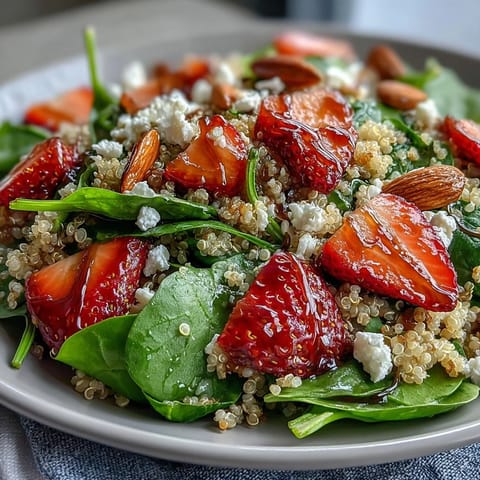 Vibrant Strawberry Spinach Quinoa Salad with Balsamic in a white bowl, featuring fresh strawberries, spinach, and almonds. 