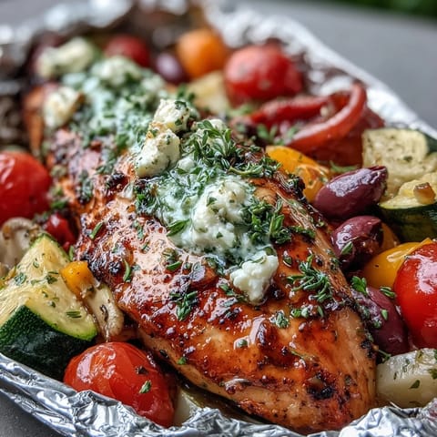 1. Griechische Hähnchen- und Gemüse-Folie-Päckchen mit Zitrone und Oregano – saftiges Hähnchen, farbenfrohes Gemüse und mediterrane Aromen, perfekt gebacken für ein gesundes Abendessen.  