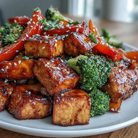 Veganer Teriyaki-Tofu-Blattpfannengericht mit Brokkoli und Paprika – goldbrauner Tofu und bunte Gemüse mit hausgemachter Teriyaki-Glasur, alles im Ofen gebacken.  
