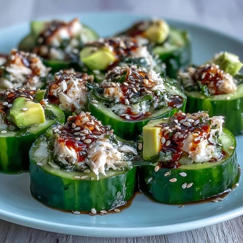Kalifornischer-Rollen-Gurken-Salat mit cremiger Sushi-Soße und Avocado-Stückchen