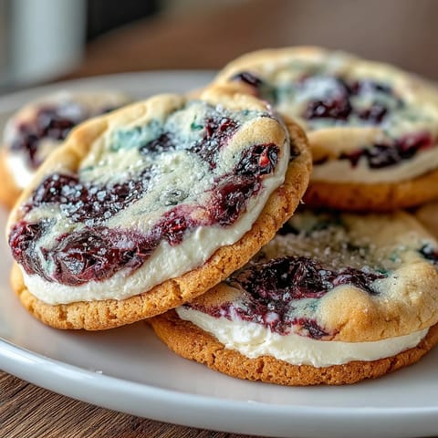 1. Zarte, buttrige Kekse mit cremiger Cheesecake-Füllung und leuchtenden Blaubeerwirbeln, ein traumhaftes, marmoriertes Dessert für jede Gelegenheit.  
