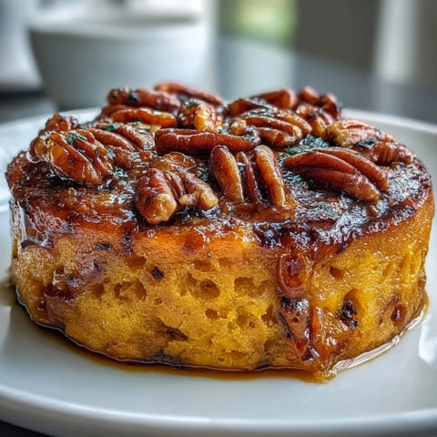 Goldene Candied-Yams-Soufflé mit luftigem Teig und knusprigen kandierten Pekannüssen.  
