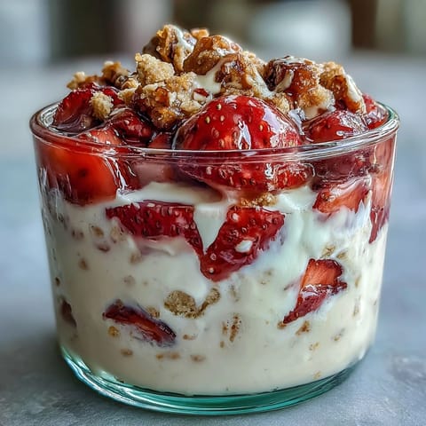 2. Schichtweise Overnight Oats mit Erdbeer-Käsekuchen-Aroma, garniert mit saftigen Erdbeeren und buttrigem Graham-Cracker-Crumble.