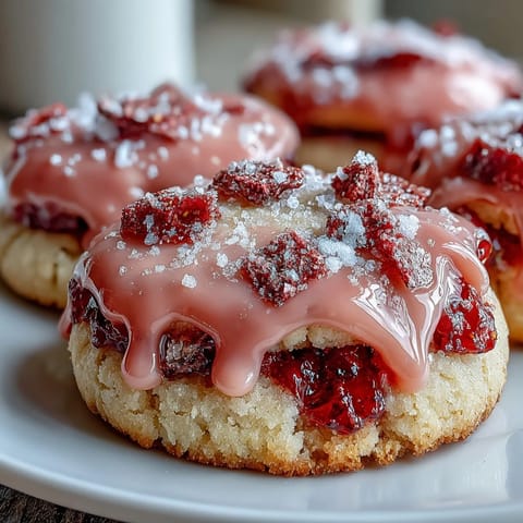 Zarte Erdbeer-Zuckerplätzchen mit rosa Zuckerglasur, dekoriert mit frischen Erdbeerstücken für einen köstlichen Frühlingsgenuss.