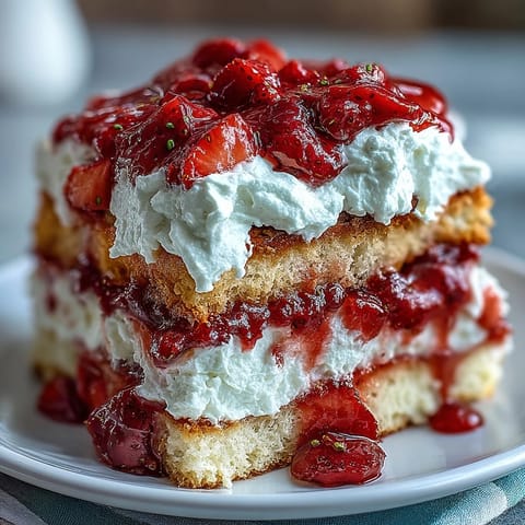 Butterzarte Biskuit-Schichten mit frischen Erdbeeren und selbstgemachter Schlagsahne belegt.  