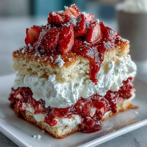Klassische Erdbeer-Shortcake mit Biskuit-Schichten, gefüllt mit süßen, marinierten Erdbeeren und luftiger Schlagsahne.  