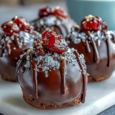 1. Luxuriöse Dubai-Schokoladentrüffel mit Erdbeerfüllung, in dunkle Schokolade getaucht und mit essbaren Goldflocken verziert.  