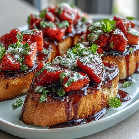 Frische Erdbeer-Bruschetta mit Balsamico und Minze auf geröstetem Baguette mit Minz-Duft und süßem Topping.