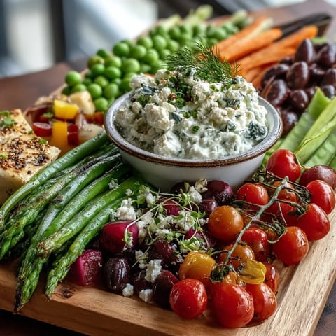 Frischer Frühlings-Teller mit Radieschen, Erbsen und Kräuterdip, bunt und knackig serviert.