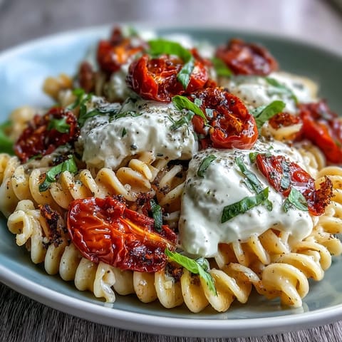 Caprese Pasta mit Burrata – cremige Pasta mit frischen Tomaten, Basilikum und geschmolzener Burrata.