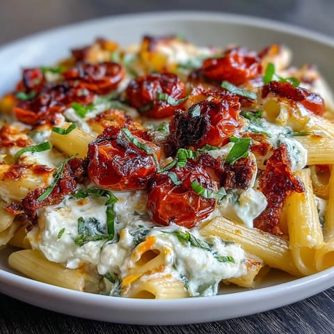 Köstliche gebackene Feta-Pasta mit saftigen Cherrytomaten und frischem Basilikum, perfekt für ein schnelles Abendessen.  