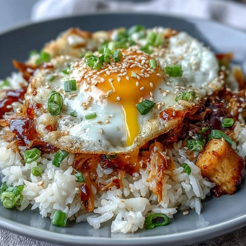 Herzhaftes fermentiertes Kohl-Kimchi gebratener Reis, serviert mit einem Ei.