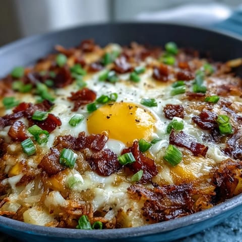 Beladenes Hash Brown Skillet: knusprige Kartoffeln, Eier und Gemüse zum Vatertag.
