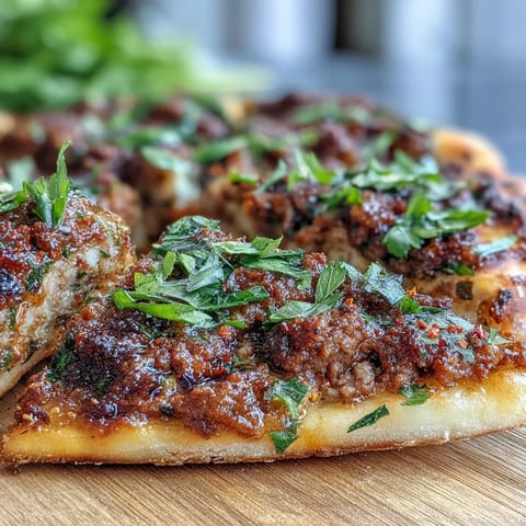 Lahmacun: Dünner, knuspriger Fladen mit würzigem Lammhackfleisch, Sumach verfeinert.