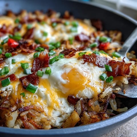 Herzhaftes Hash Brown Skillet mit knusprigem Speck und geschmolzenem Käse.