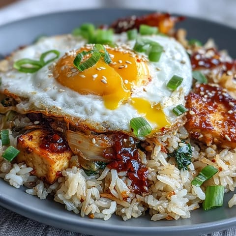 Würziger Kimchi Fried Rice mit spiegelei, voll mit knackigen Gemüsen.