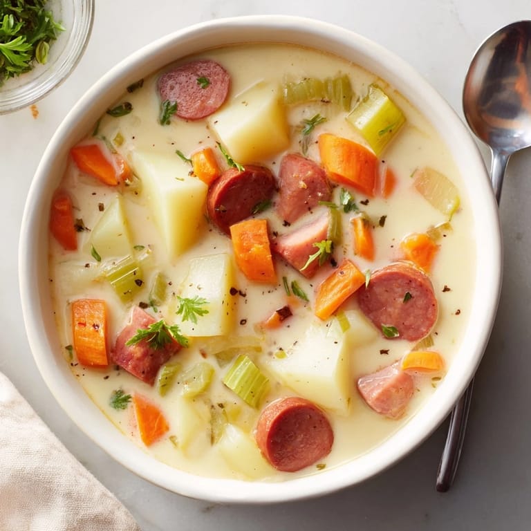 Wärmende Kartoffelsuppe mit zarter Wurst, perfekt für gemütliche Abendessen im Winter.