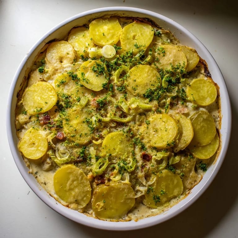 Fragrant One-Pan German Potato & Leek Bake, showcasing tender potatoes and smoky bacon in a cast iron skillet.