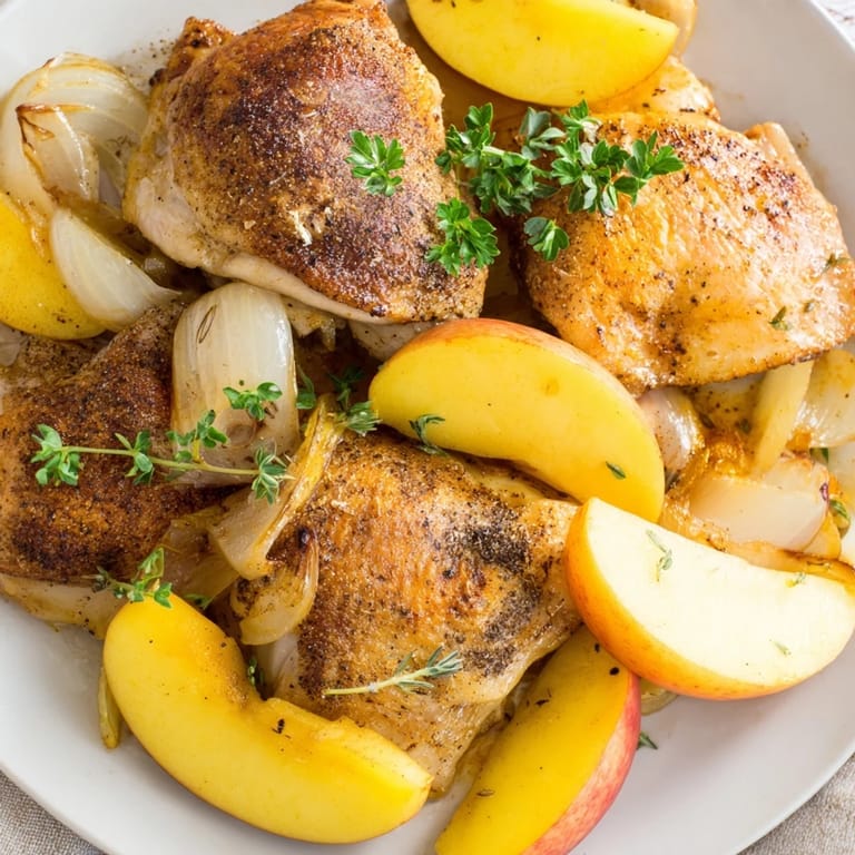 Golden-skinned Sheet-Pan German-Style Chicken with colorful apples and onions, perfect for a cozy dinner.