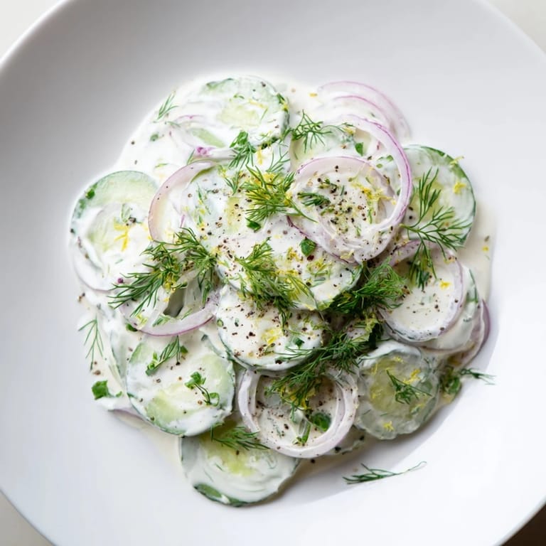 Hell angerichteter kalter Gurken-Dill-Salat, mit cremiger Soße aus Joghurt und frischen Kräutern überzogen.