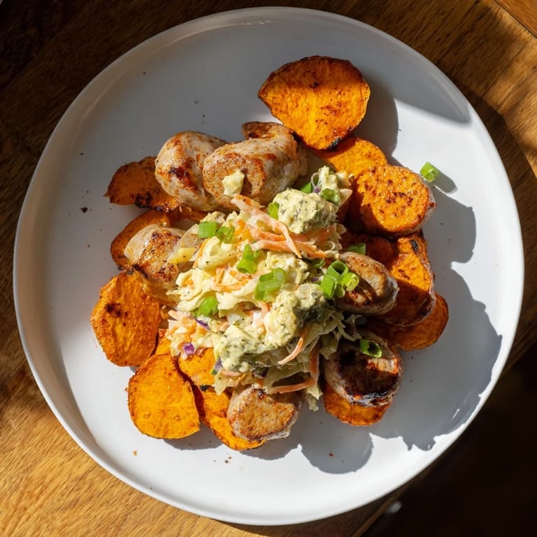 Savory Baked Sweet Potato Bratwursts served on roasted sweet potatoes, topped with fresh sauerkraut slaw.