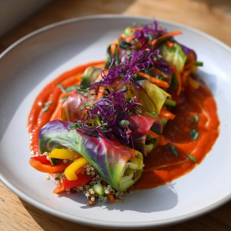 Steaming plate of Rainbow Sauerkraut Rolls, featuring a rich tomato sauce and fresh parsley garnish.