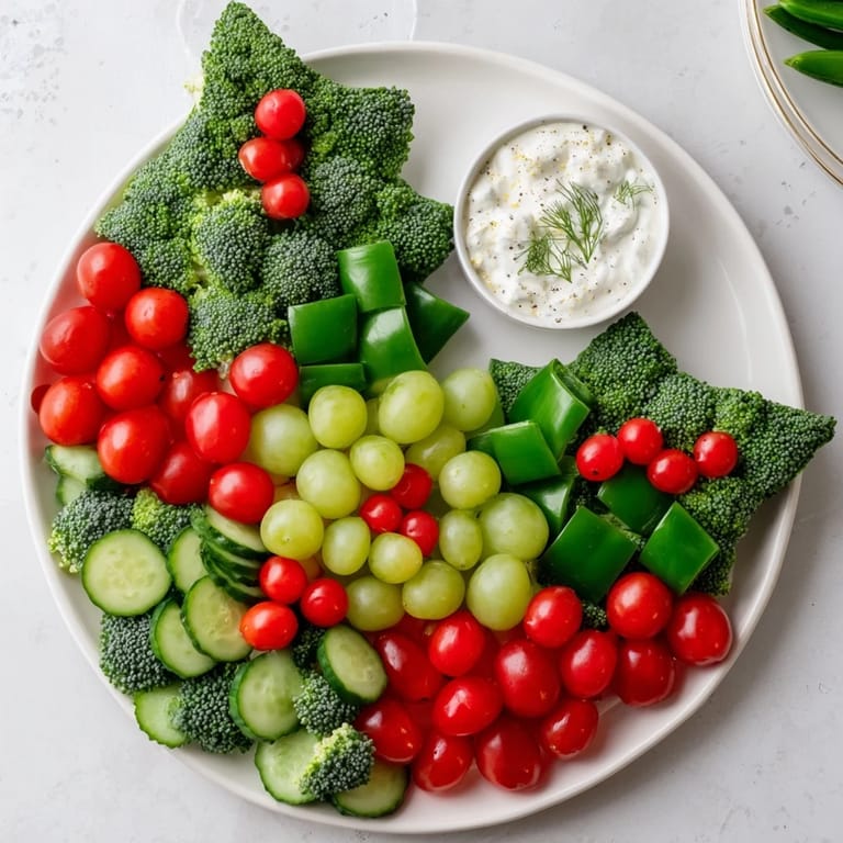 A colorful Holly Leaf Veggie Board featuring fresh broccoli, bell peppers, and tomatoes, ready to eat.