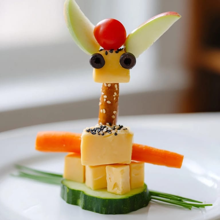 Long-Necked Giraffe Snack Towers feature colorful fruit and cheese layers, creating a fun, kid-friendly snack.