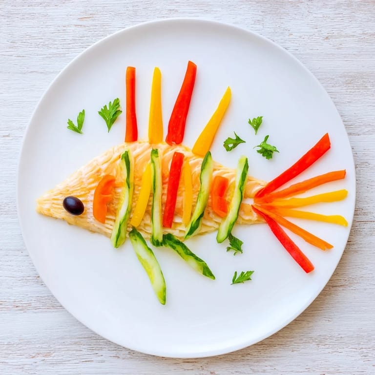 Light Fish-Shaped Meal: Baked white fish fillet with vibrant vegetable scales, ready to serve.