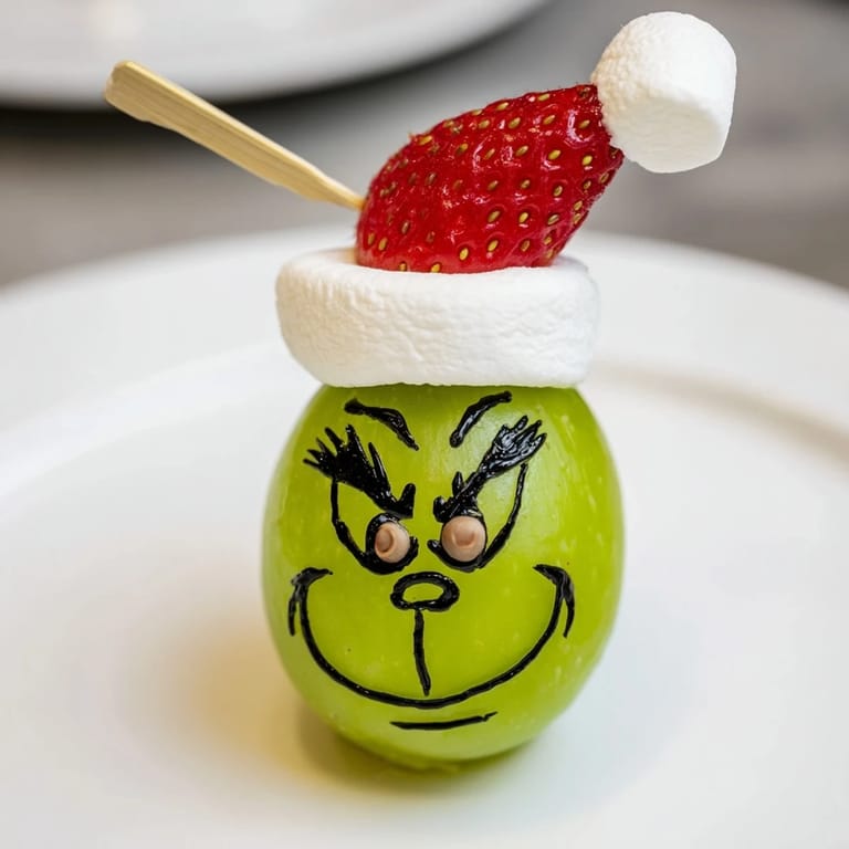 Easy kid-friendly Grinch snack featuring marshmallows, grapes, and mini chocolate chip eyes.