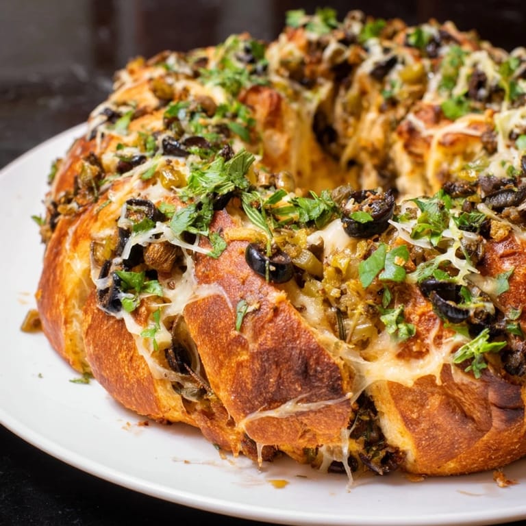 Enjoy the inviting aroma of this beautiful Savory Wreath, a vegetarian olive, cheese bread, great for parties.