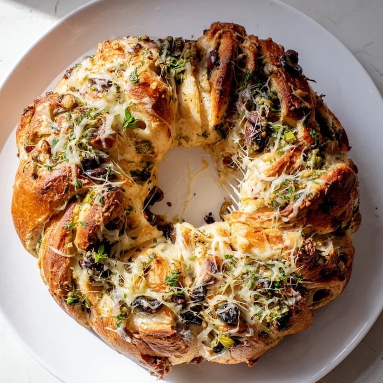 A close-up of a flavorful Savory Olive Wreath with herbs and melted cheese, perfect for appetizers.