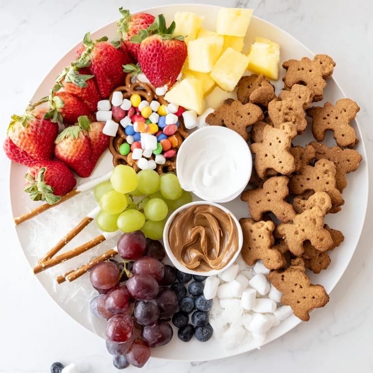 Fresh fruit and fun dips surround playful animal crackers on this appealing safari board creation.