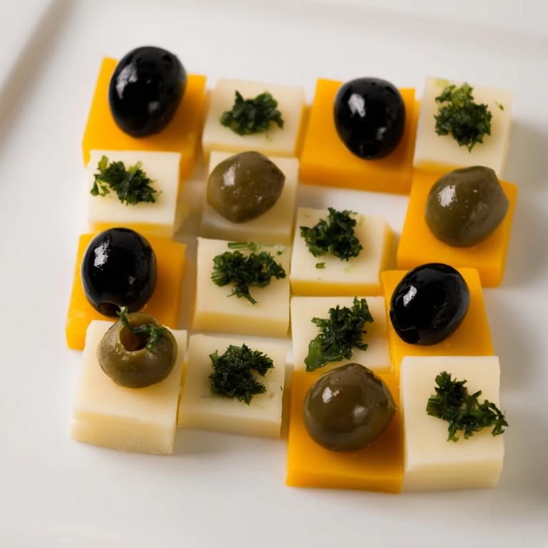 Arrangierte Käse und Oliven auf einem dekorativen Schachbrett, eine einfache und elegante Vorspeise.