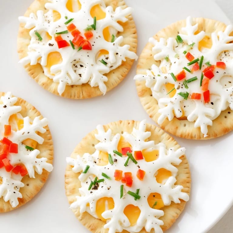 Crisp crackers topped with cheese snowflakes, ready to eat for a delicious bite.