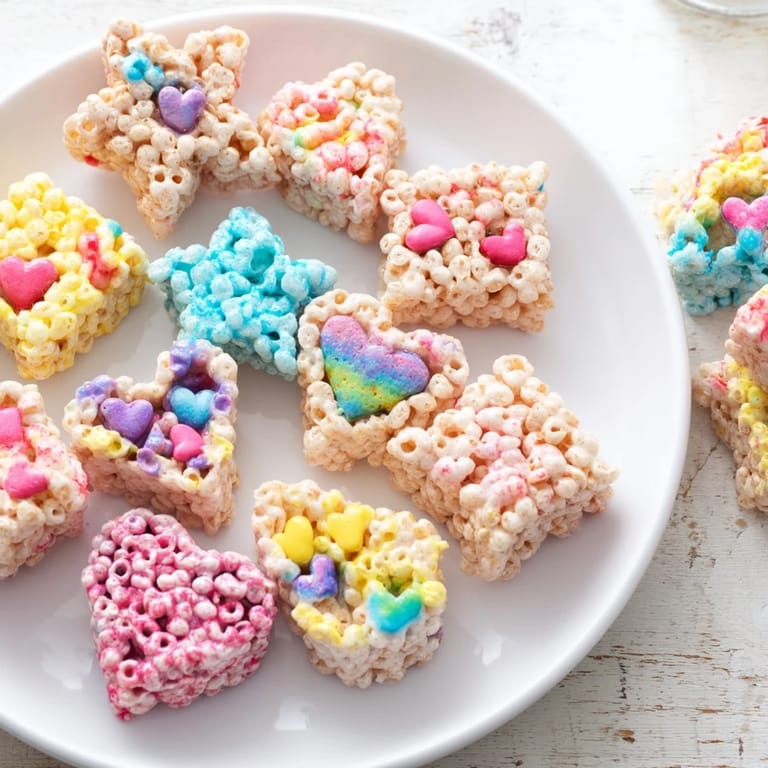 Brightly decorated Cookie Cutter Shaped Rice Krispies Treats, a sweet treat shaped with cookie cutters.